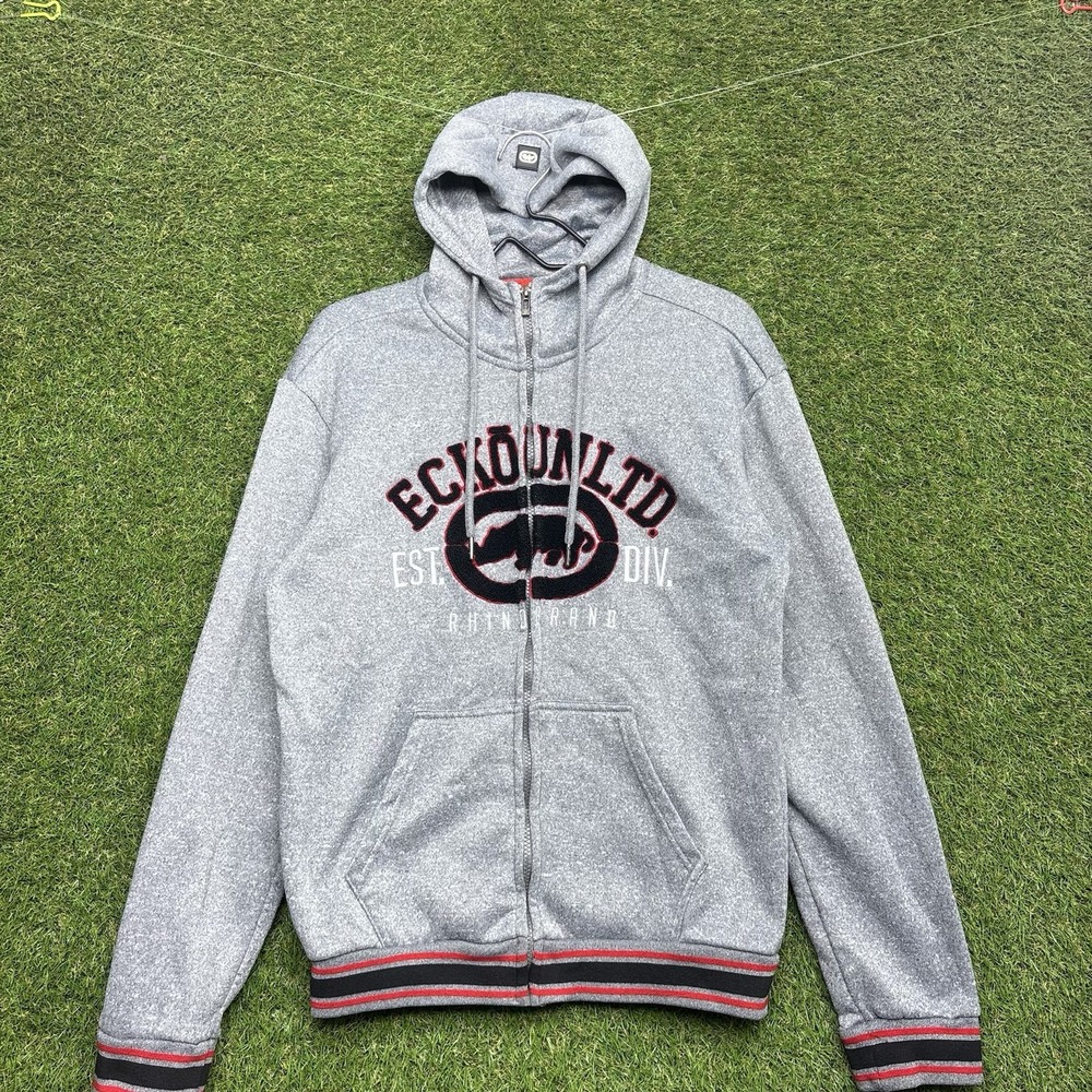 Vintage Ecko Unltd Hoodie Mens Medium Gray Red Zip Up Y2K Rhino Logo Sweatshirt